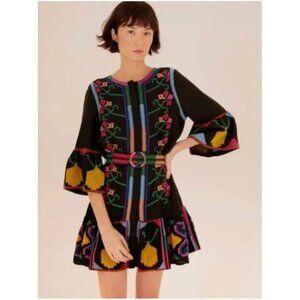 green emerald velvet dress Black Embroidered Flowers Topstitching Long Sleeve Mini Dress main image 0
